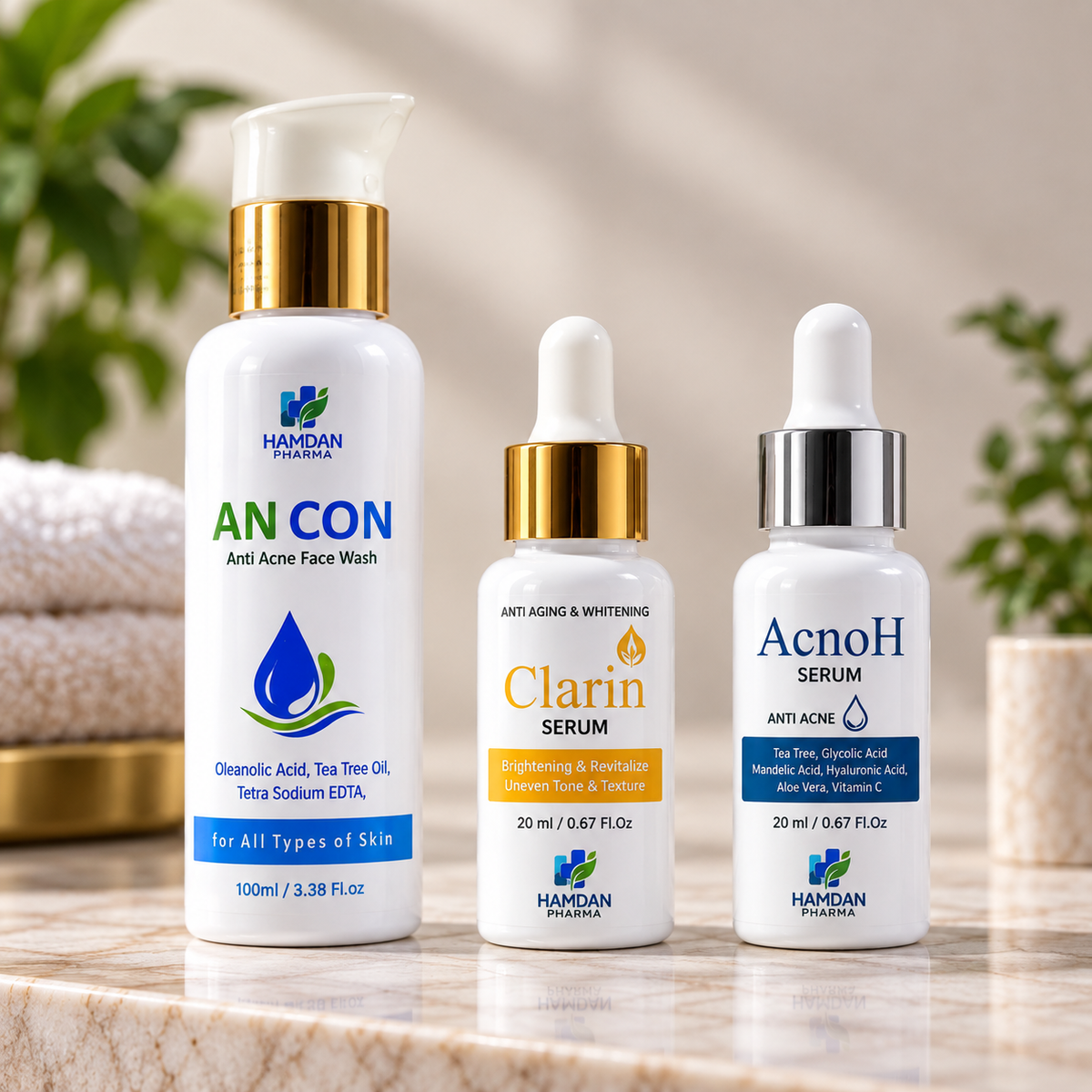 Complete 3-Step Skincare Bundle – Clarin Serum + AcnoH Serum + ANCON Face Wash