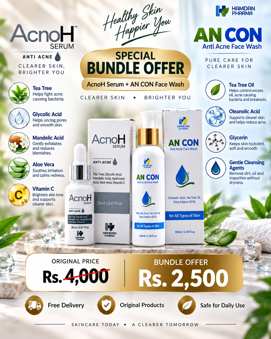 AcnoH Anti Acne Serum 20ml + ANCON Anti Acne Face Wash 100ml Bundle