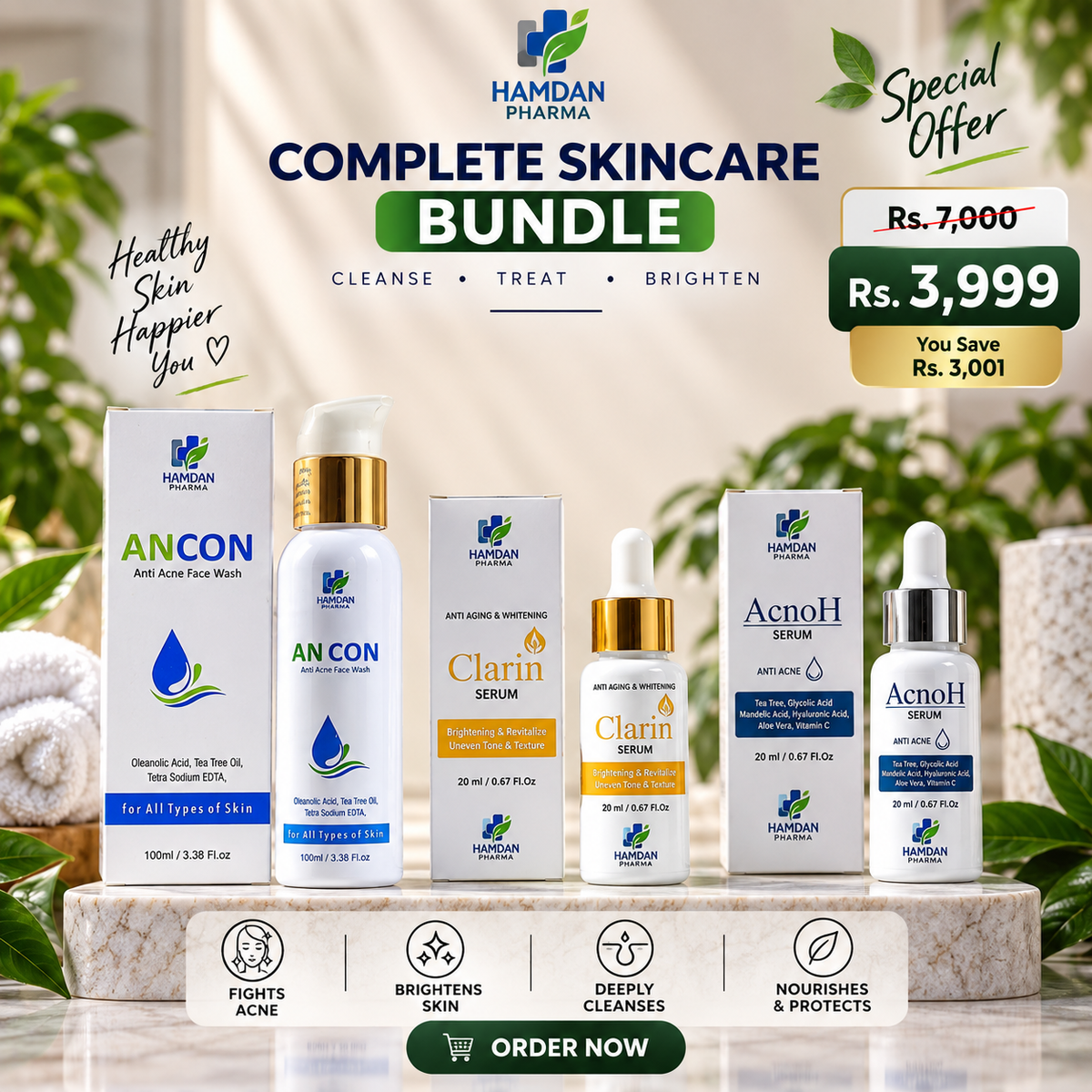 Complete 3-Step Skincare Bundle – Clarin Serum + AcnoH Serum + ANCON Face Wash