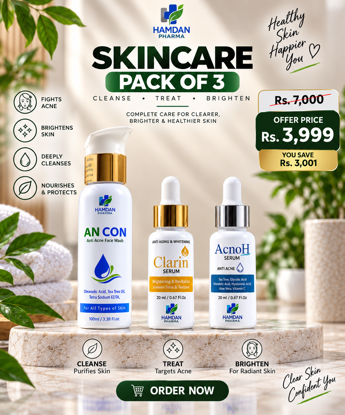 Complete 3-Step Skincare Bundle – Clarin Serum + AcnoH Serum + ANCON Face Wash